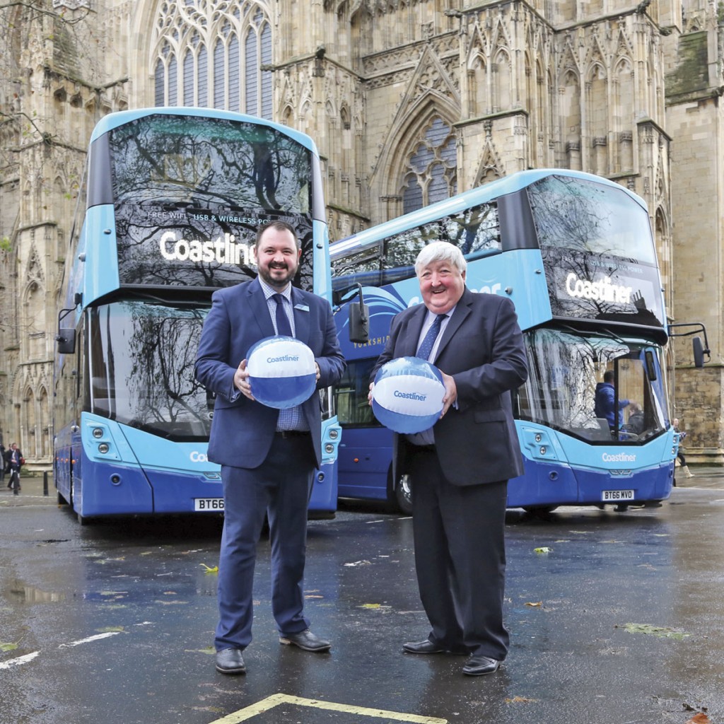 Transdev CEO, Alex Hornby and Executive Member for Transport and Planning at City of York Council, Councillor Ian Gillies with Coastliner beach balls